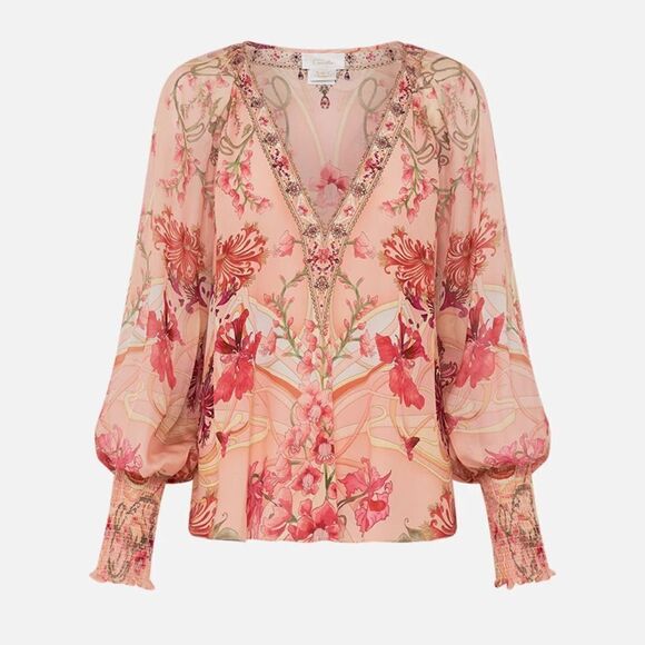 NWT Camilla Shirred Cuff Blouse Blossoms And Brushstrokes Pink XS - Picture 11 of 14